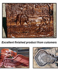 SpeTool tapered ball nose router bit; wooden carvings: bear scene panel, carved bird, shield crest.