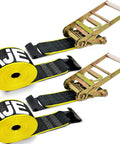 Heavy Duty 4 Inch Ratchet Cargo Straps 2 Pack With Reflective Center Stripe and Hammerlock Flat Hooks on display.