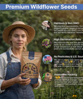 Person holding All Season Perennial Wildflower Seeds Mix For Indoor And Outdoor Planting With 16 Varieties And 100000 Seeds Non GMO Heirloom Garden Seeds 4oz Pack To Attract Bees Butterflies And Birds And Keep Your Yard Buzzing in garden setting.