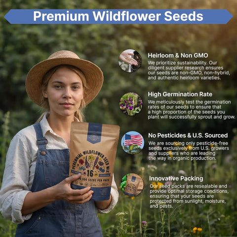 Person holding All Season Perennial Wildflower Seeds Mix For Indoor And Outdoor Planting With 16 Varieties And 100000 Seeds Non GMO Heirloom Garden Seeds 4oz Pack To Attract Bees Butterflies And Birds And Keep Your Yard Buzzing in garden setting.