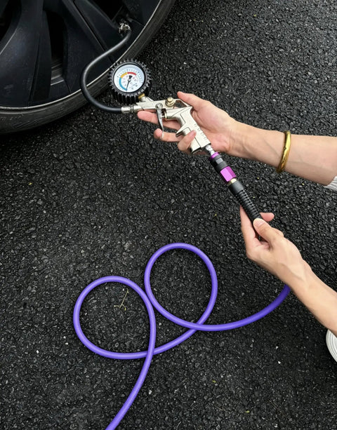 Beefy Hybrid Air Compressor Hose 1/4 Inch By 10 Foot, 300 PSI Heavy Duty All Weather Flex with aluminum couplers in use.