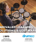 8 Piece Electronic Drum Kit With Quiet Mesh Heads For Beginners 10 Inch Dual Zone Snare Three 8 Inch Mesh Toms Kick Pedal Bluetooth USB MIDI 440 Plus BFD Drum Sounds Drumeo Ready, player using headphones