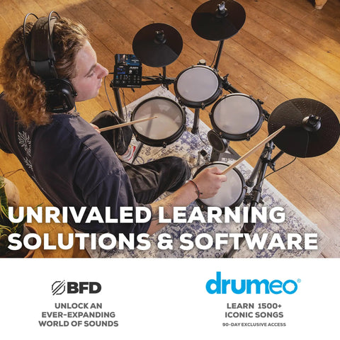 8 Piece Electronic Drum Kit With Quiet Mesh Heads For Beginners 10 Inch Dual Zone Snare Three 8 Inch Mesh Toms Kick Pedal Bluetooth USB MIDI 440 Plus BFD Drum Sounds Drumeo Ready, player using headphones
