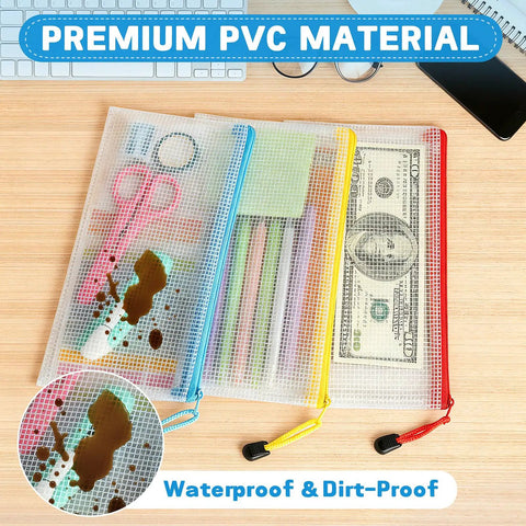 108 Pack Mesh Zipper Pencil Pouches Bulk Set, 9.5x4.5 Inch waterproof cases holding cash, scissors, and pens on wooden desk.