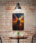 Steam Locomotive Sunset Railway Posters Aluminum Metal Signs 8 By 12 Inch Wall Decor displayed in a cozy cafe setting.
