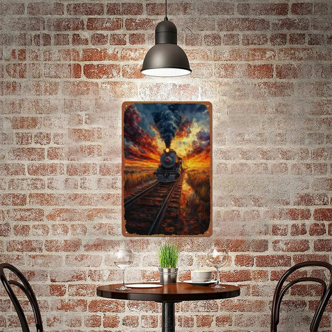 Steam Locomotive Sunset Railway Posters Aluminum Metal Signs 8 By 12 Inch Wall Decor displayed in a cozy cafe setting.