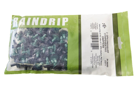 Plastic package of 2 GPH Pressure Compensating Drippers 50 Pack For Drip Irrigation Systems Keeps Water Flow Steady For Gardens Shrubs