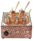 Authentic Copper Electric Hot Sand Turkish Coffee Maker Heater For Home Use Boss Level Heat With Dual Voltage 110V 220V Includes Five Size Turkish Coffee Pots And No Fuss Setup, showcasing copper pots on heated sand platform.
