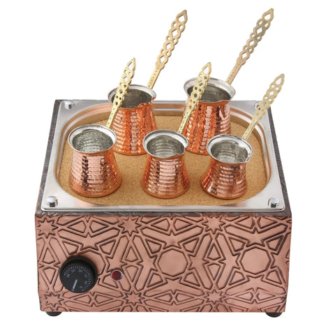 Authentic Copper Electric Hot Sand Turkish Coffee Maker Heater For Home Use Boss Level Heat With Dual Voltage 110V 220V Includes Five Size Turkish Coffee Pots And No Fuss Setup, showcasing copper pots on heated sand platform.