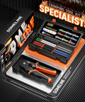 Pro Grade Ferrule Crimping Tool Kit For AWG 24 To 8 Wire, 24 ferrule types, crimp pliers, and wire stripper in storage case