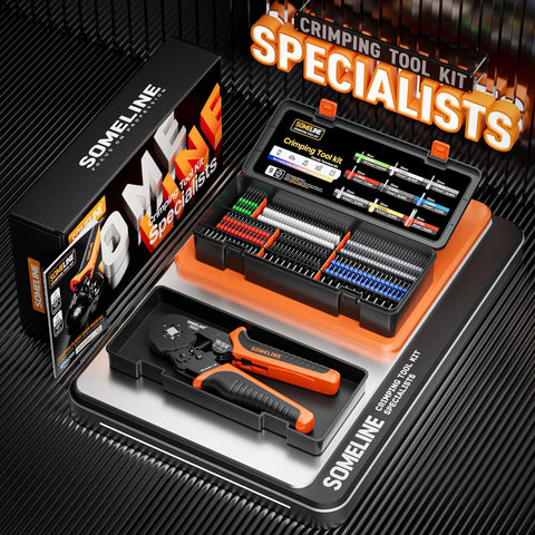 Pro Grade Ferrule Crimping Tool Kit For AWG 24 To 8 Wire, 24 ferrule types, crimp pliers, and wire stripper in storage case