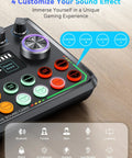 All In One Podcast Studio Kit with USB audio interface showing customizable sound effects for smartphone and PC streaming.