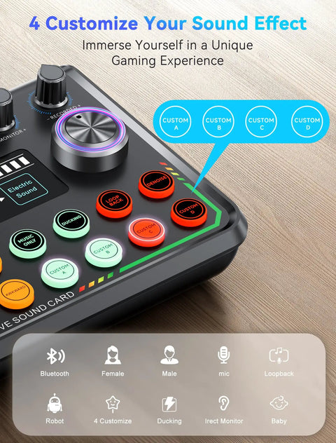 All In One Podcast Studio Kit with USB audio interface showing customizable sound effects for smartphone and PC streaming.