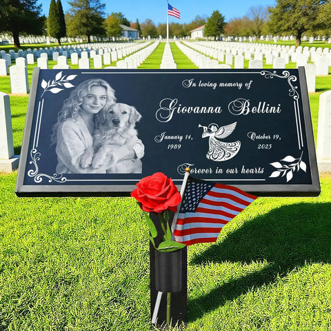 Natural Black Granite Headstone Grave Marker With Personalized Engraving for Giovanna Bellini in a cemetery memorial setting