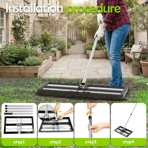 Installation process of Heavy Duty Lawn Leveling Rake With Aluminum Rollers 40x10 Inch Adjustable Handle 27 To 80 Inch Stainless Steel Ground Leveler.