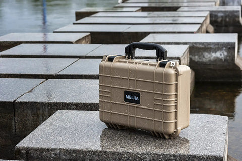 All Weather Waterproof Hard Case With Customizable Foam Insert For Drones, Cameras And Gear, Fits Pistols, IP67 Sealed, Rugged Desert Tan Travel Case 15.98 x 12.99 x 6.85 Inches on wet stone surface