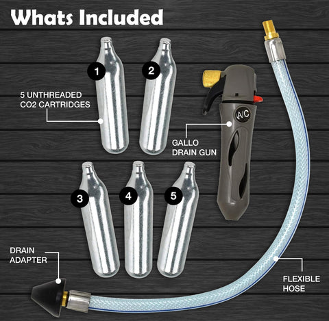 Gallo Drain Gun With CO2 Cartridges For AC Condensate Lines, HVAC Cleaner Blaster Opener Kit, Five Unthreaded Cartridges, Hose Adapter