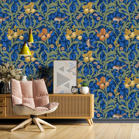 Vintage Bird Peel and Stick Wallpaper in Blue Floral Pattern decorating a living room wall with chair and cabinet décor.