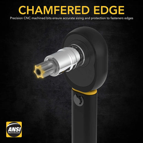 Close-up of ratchet with Tamper Proof Torx Bit Socket Set, 13 Piece In S2 Alloy Steel With Hardened Chrome Vanadium Sockets attached