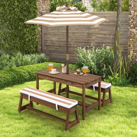 Kid Approved Outdoor Picnic Table Set With Cushioned Benches, Adjustable Height Table, Built In Umbrella, Coffee Finish in garden