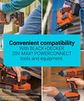 20V Max 15 Ah Lithium Ion Rechargeable Power Tool Battery in use with various BLACK+DECKER tools for DIY projects.