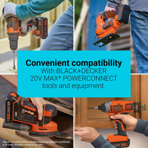 20V Max 15 Ah Lithium Ion Rechargeable Power Tool Battery in use with various BLACK+DECKER tools for DIY projects.