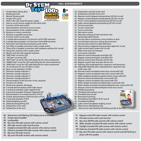 Image showing Dr. STEM Toys Circuit Science Kit for kids, featuring list of 100+ experiments and kit components, ages 8+.