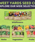 Sweet Yards Seed Co. display of wildflowers, herbs, vegetables, and fruits including Herb Seed Variety Pack With 10 Culinary Seeds For Indoor And Outdoor Gardens Non GMO And Certified Organic Basil Cilantro Dill Thyme Parsley And More Cookin Flavor Ready For Your Kitchen