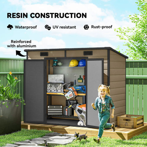8x4 Outdoor Storage Shed Waterproof Resin With Floor, Window, Lockable Door And Vents For All Weather Garden Tool Storage