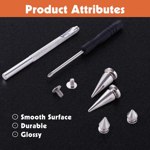 Badass 220 Piece Punk Spike And Stud Hardware Kit For Clothing Leather Crafting Includes Tapered Cone Fasteners Extra Long Screws Premium Metal Set with assorted silver spikes and tools.