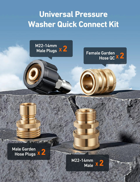AstroAI pressure washer quick-connect kit with brass M22-14mm adapters and garden hose plugs (2x each)