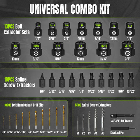 Ultimate 40-Piece Bolt Extractor Kit for Pros: Grab Stripped Screws, Broken Bolts And Damaged Fasteners With Heavy-Duty Left Hand Drill Bits And Multi-Spline Sockets For Any Auto Repair Or Home Fix-Up Job. 40-piece extractor kit with sockets, drill bits, and spiral extractors