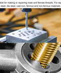 M14 X 2 Left Hand Tap And Die Set for quick thread repair in metal, showing tap and die in use on alloy steel.