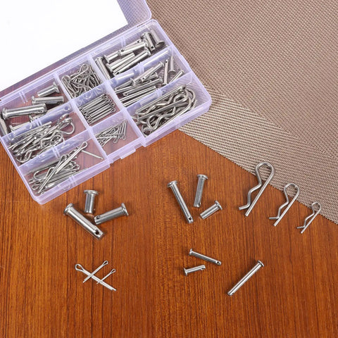 Premium 304 Stainless Steel Clevis Pin And Cotter Pin Kit Heavy Duty 122 Pieces 15 Sizes R Clips And Hairpins organized in storage box