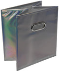 Shiny silver foldable cube storage bin with polypropylene handle, part of Six Pack Foldable Cube Storage Bins Set.