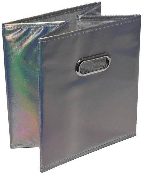 Shiny silver foldable cube storage bin with polypropylene handle, part of Six Pack Foldable Cube Storage Bins Set.