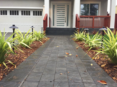 Aluminum Low Voltage Landscape Path And Area Light Kit with 6.5 inch shade and black finish along a stone path in garden