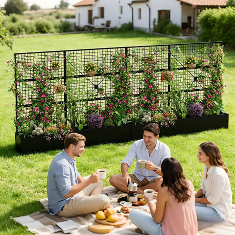 Metal Raised Garden Bed With Built In Trellis And Privacy Screen For Patio 71 Inch By 47.2 Inch By 16 Inch Drainage Holes