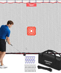 Man practicing swing with Backyard Golf Practice Net 10Ft 15Ft 20Ft with Multi Sport Netting and accessories in a backyard setup.