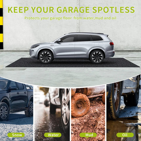 Car parked on oil spill mat for garage floor under car 96 by 48 inches absorbent with waterproof backing protects concrete epoxy and tile.