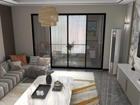Living room with Handwoven Bamboo Pendant Light With Battery And Remote, Natural Rattan Hanging Lamp over coffee table.