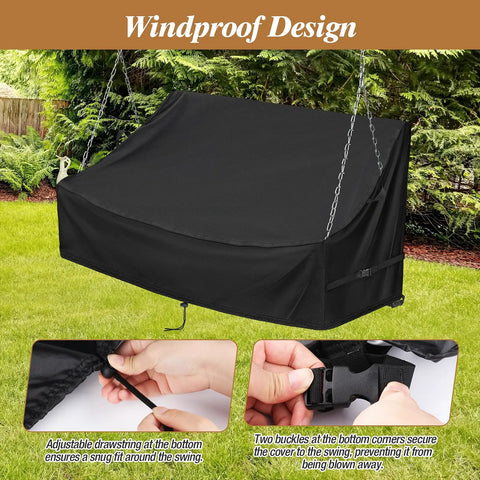 Waterproof Porch Swing Cover For Outdoor Patio Swings Garden Hammock Gliders And Hanging Benches Size 62 By 26 By 15 To 21 Inches Made From 420D Oxford Fabric With Sealed Seams shown covering a swing on a patio with close-ups of drawstring and buckle attachment