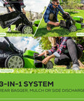 Person using 40V Cordless 21 Inch Brushless Lawn Mower With Self Propelled Smart Pace No Gas Easy Start Up To 60 Minutes Runtime On Dual 4Ah Batteries With Charger Included 75 Plus Compatible Tools Ecosystem for bagging and mulching functions on grass.