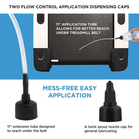 Silicone Treadmill Lubricant 4oz with Dual Applicators showing 11-inch extension tube for under belt lubrication