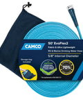 EvoFlex2 50 Foot RV Drinking Water Hose Ultra Lightweight Reinforced With Fabric Lead Free BPA Free Phthalate Free Abrasion Resistant CSA Certified Safe Drinking Water Hose For Camping, Road Trips, And Outdoor Adventures coiled with storage bag