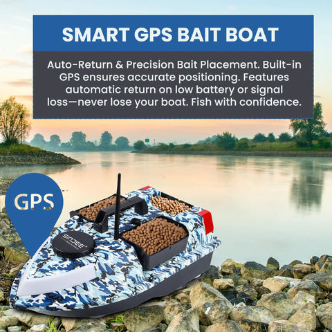 RC Bait Boat With Depth And Temp Sensor, GPS Range Up To 546 Yds on a lake with three bait tanks visible.