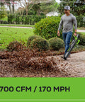 Man using 80V Cordless Leaf Blower With Brushless Motor, 700 CFM At 170 MPH Turbo on leaves in garden.