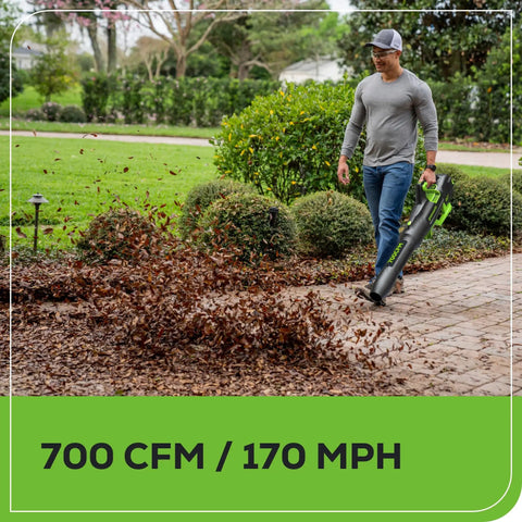 Man using 80V Cordless Leaf Blower With Brushless Motor, 700 CFM At 170 MPH Turbo on leaves in garden.