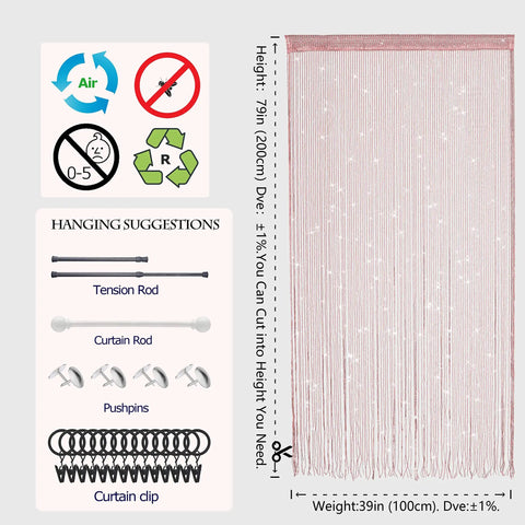 Light Pink Beaded String Curtain For Doorways With Glitter Beads Privacy Panel For Door Window Closet Laundry Room And Living Spaces 39 Inch Wide By 79 Inch High Polyester Eco Friendly Easy Hang With Hooks For Quick Setup