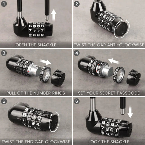 Step-by-step guide to setting a Long Shackle Padlock with Resettable Combination for outdoor gates, fences, doors, bikes, and sheds